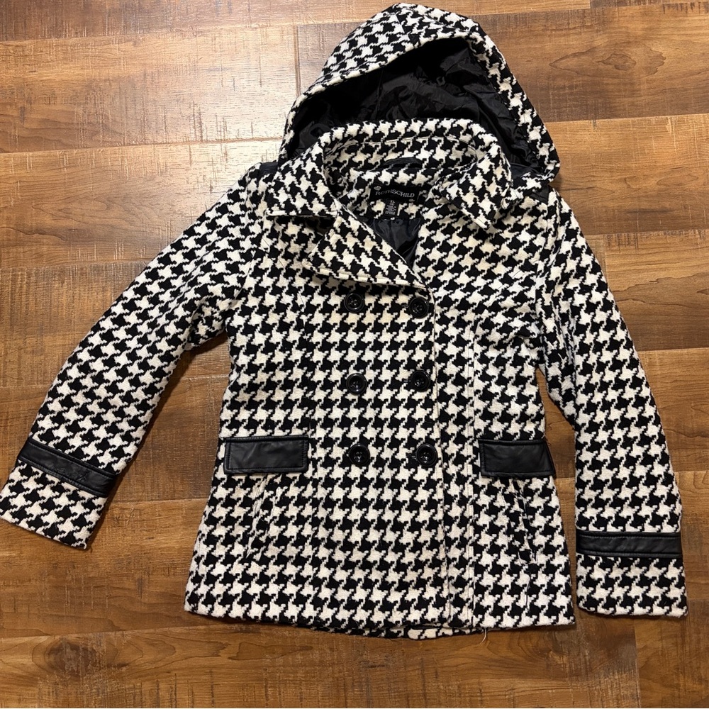 Girls XL/16 Black White Houndstooth Hooded Winter Coat